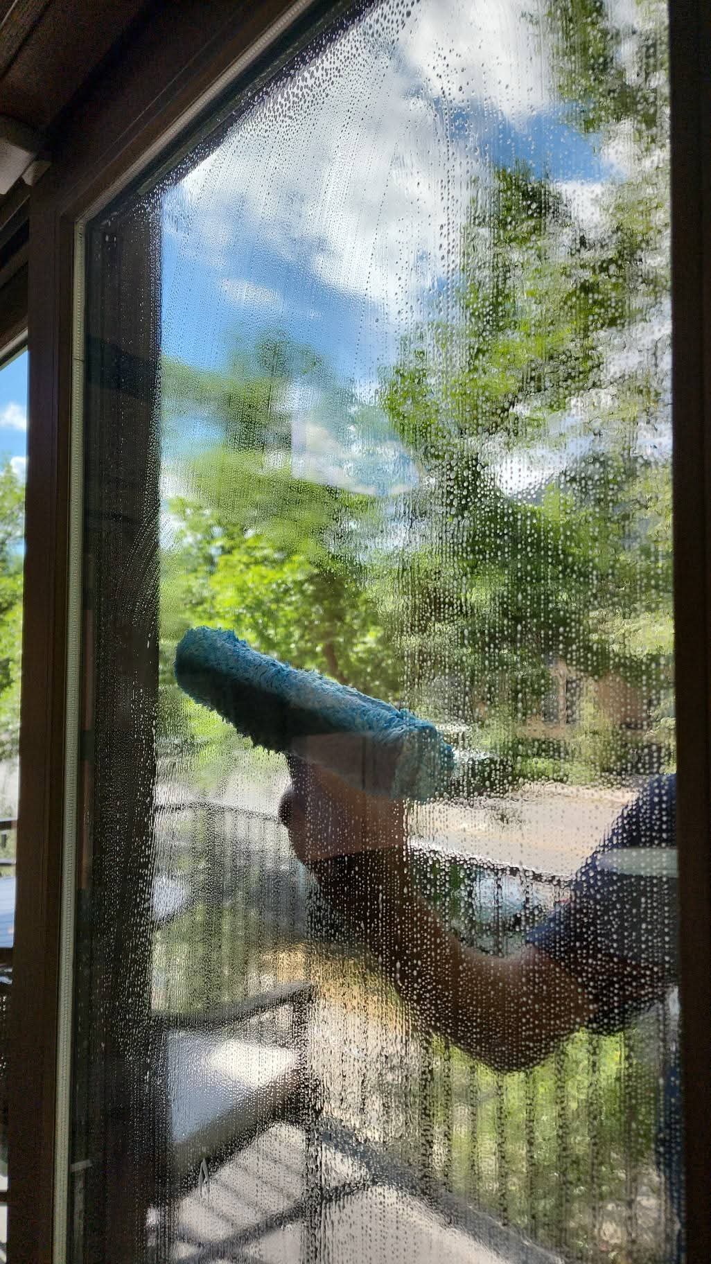 Hand cleaning a wet glass window with a blue scrubber, showing green trees outdoors.