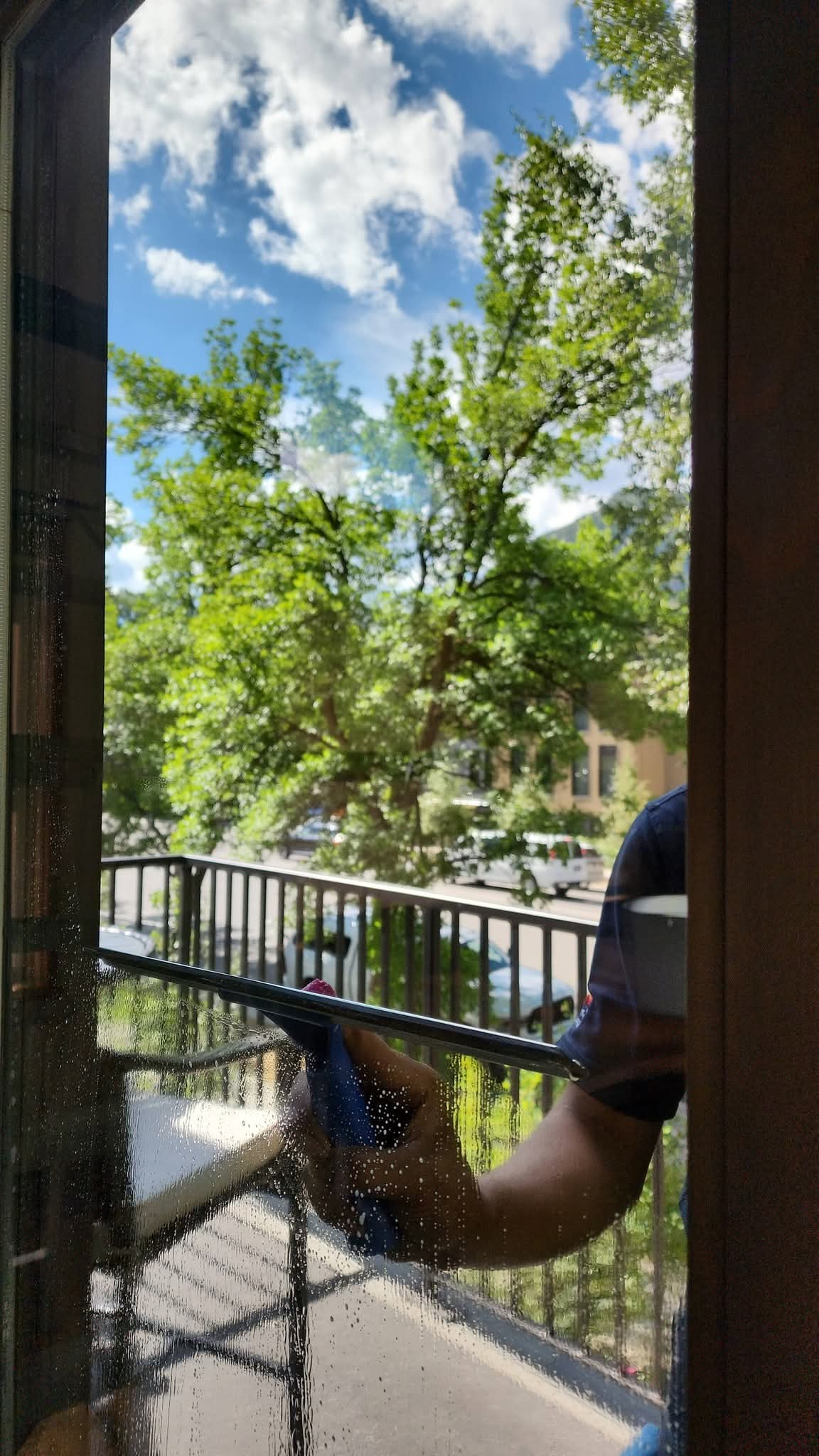 Hand cleaning a glass door with a squeegee, revealing a sunny balcony and green trees.