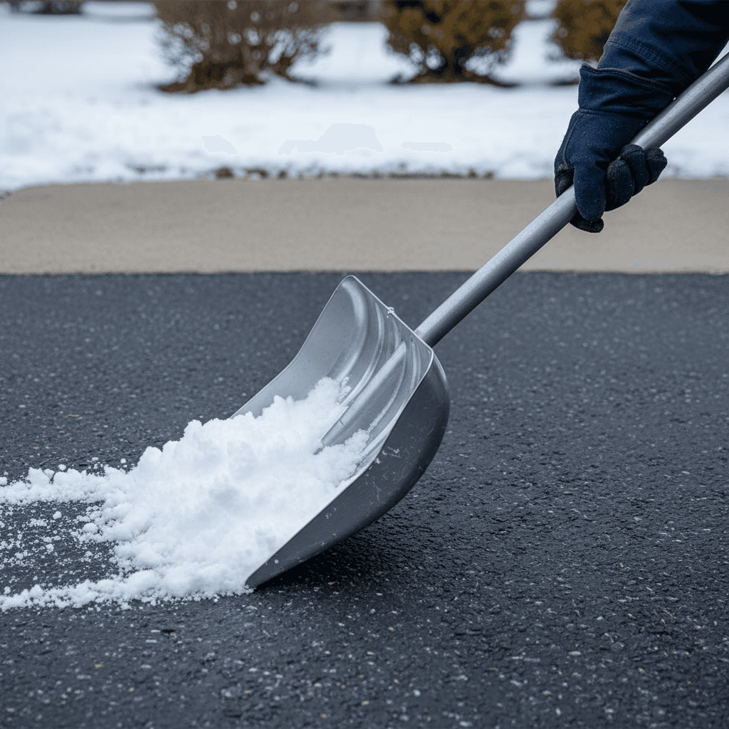 Snow removal crew clearing a long driveway on a mountain estate