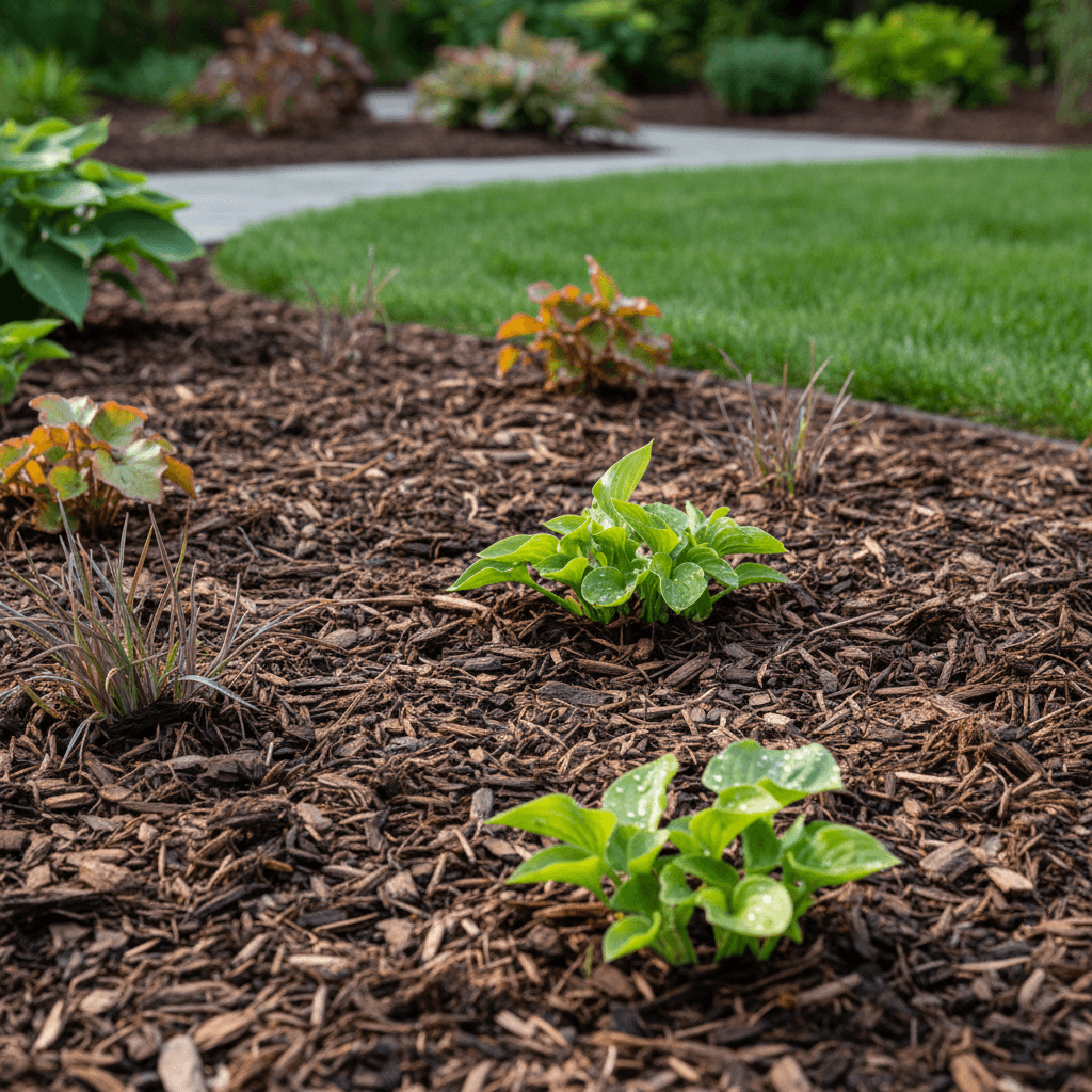 Landscaped garden bed with freshly laid mulch and healthy green shrubs