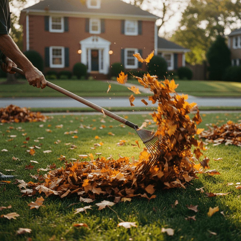 Worker clearing autumn leaves from a property lawn with a leaf blower